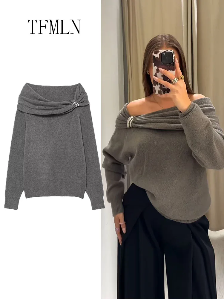 

Вязаный свитер с открытыми плечами для женщин с металлическим кольцом, повседневный шикарный пуловер с длинными рукавами, модный женский трикотаж