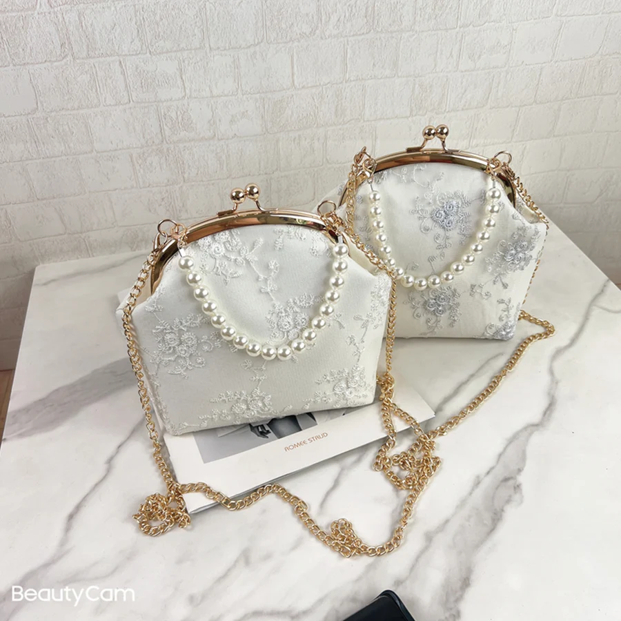 Retro Crossbody Bags for Women Vintage Lace Pearl Chains Ladies Small Square Shoulder Bag Female Clutch Purse Handbags Sac Femme