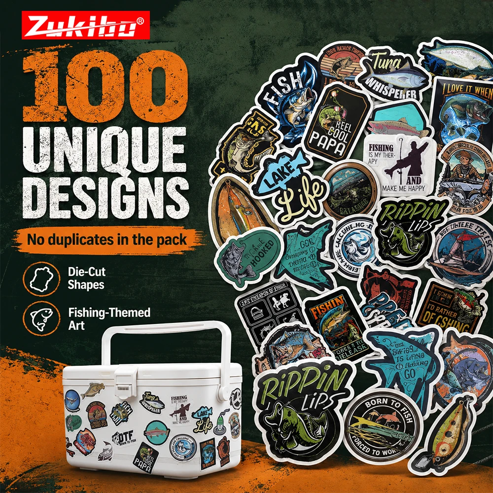 ZUKIBO 100PCS Fishing Stickers Waterproof Outdoor Angling Decals for Tackle Box Lure Box Night Sea Fishing DIY Decoration