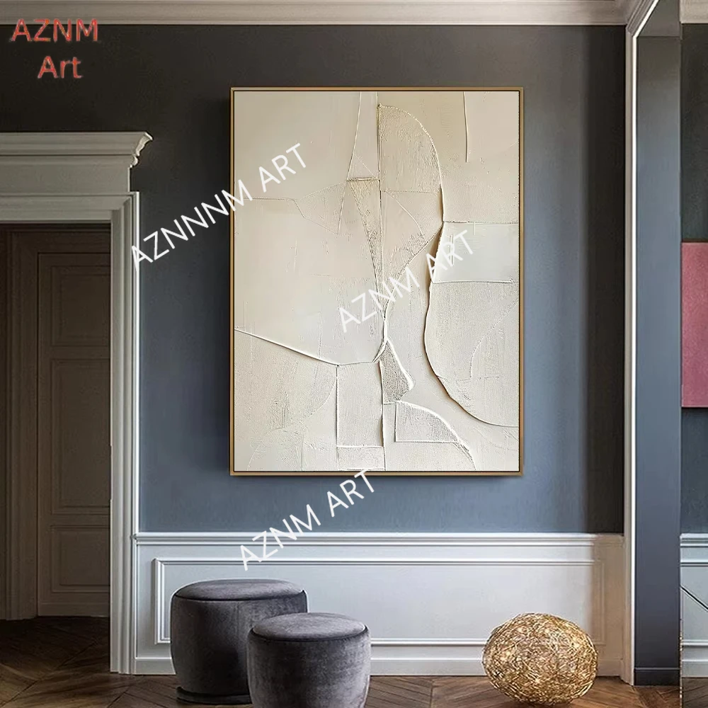 Creamy White Minimalist Painting Large Beige 2D Texture Wall Art Beige and White Abstract Canvas Oil Painting Modern Wabi Sabi