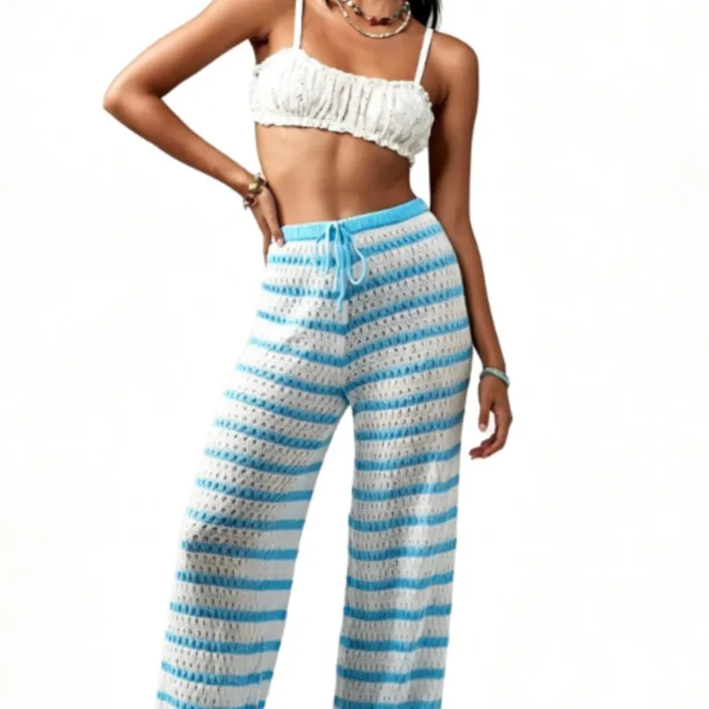 Women's Beach Cover Up Pants Striped Knit Trousers Hollow Out Wide Leg Summer Vacation Bottoms Casual Loose Sun Protection