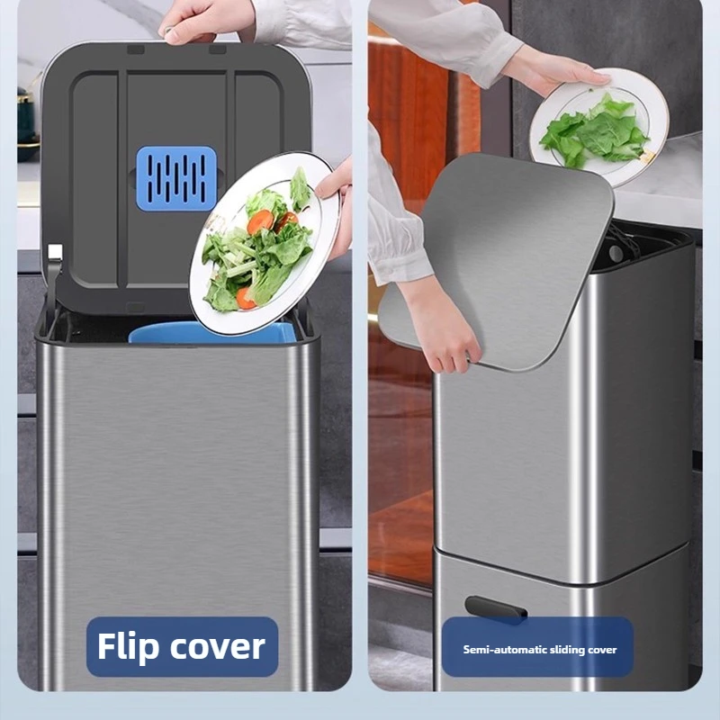 ‌Double-Layer Stainless Steel Kitchen Bin, No-Bend Trash Can with Lid, Large Capacity Wastebasket, Easy-Clean Paper Towel Holder