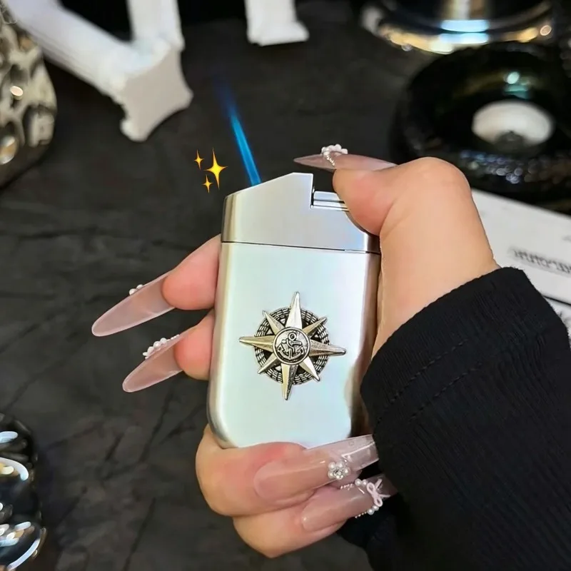 Classic Round Windproof Blue Flame Gas Lighter Metal Inflatable Cigarette Lighter Smoking Accessories Gadgets for Men Gifts