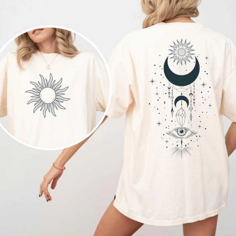 Boho T-shirt Mystic Celestial Moon Sun Graphic Hippie Unisex Fall Autumn 2025 Spring and Autumn Customized Many Colors Tops