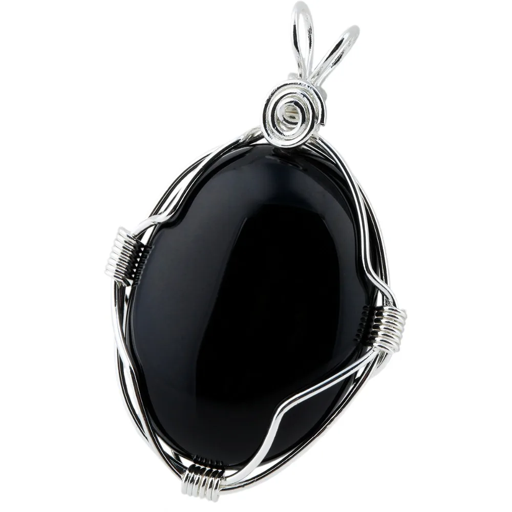 

SUNYIK Black Obsidian Oval Pendant Silver Color Alloy Handmade Spring Spiral Shape Wrapped Gem Stone Jewelry For Women Necklace