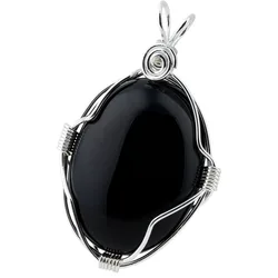 SUNYIK Black Obsidian Oval Pendant Silver Color Alloy Handmade Spring Spiral Shape Wrapped Gem Stone Jewelry For Women Necklace