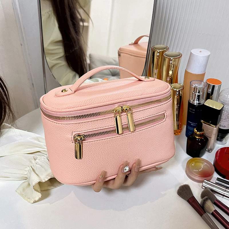 Women's Makeup Bag PU Waterproof Cosmetic Handbags Portable Partition Storage Bags Solid Color Versatile Travel Toilet Pouch