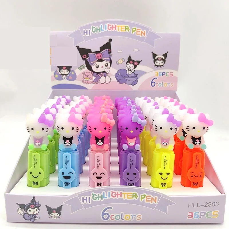 

36pcs/lot Kawaii Sanrio Kitty 6 Colors Highlighter Creative Cat Fluorescent Marker Drawing Pens Office School Supplies