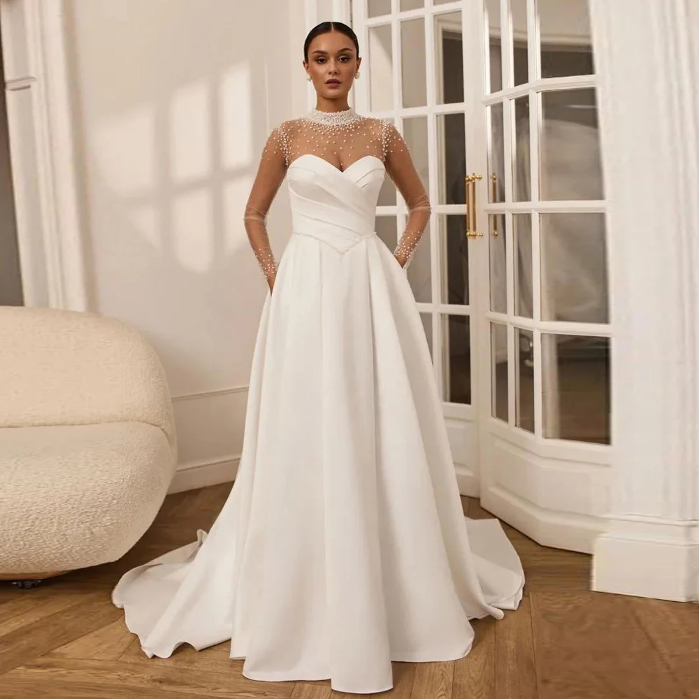 

Customized Beading Civil Bridal Dress Sheer Neck Mesh Sleeves Wedding Gown A Line Satin Side Slit Robe De Mariee with Split