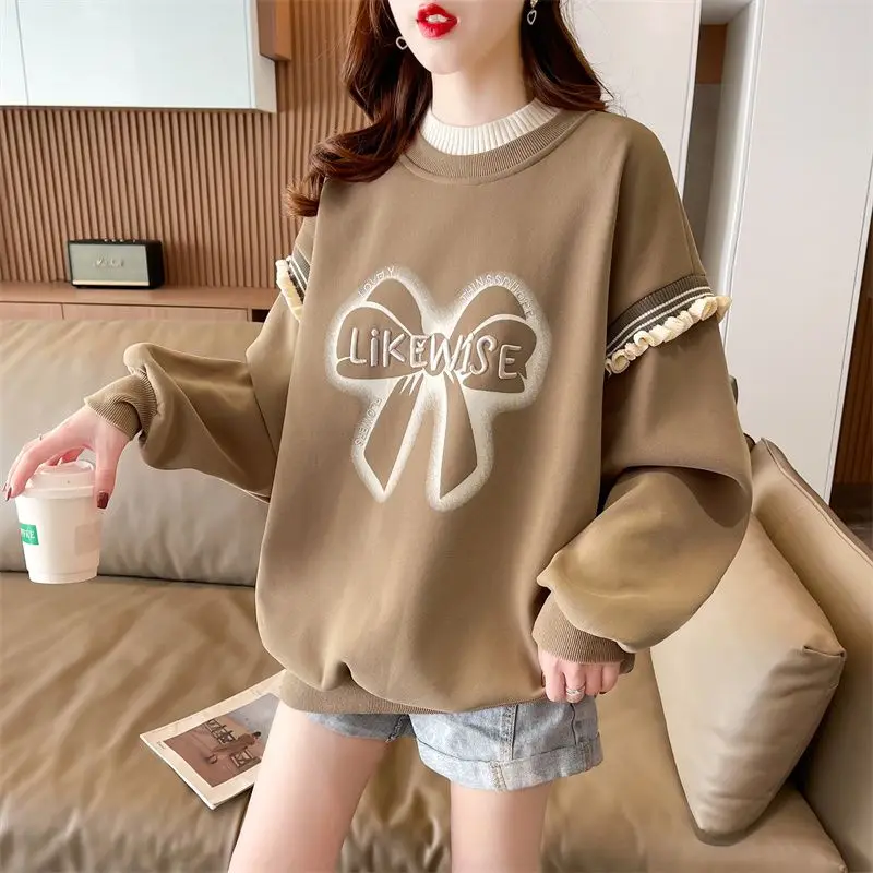 Autumn Korean Printing O-neck Long Sleeve Sweatshirts Women Clothing Young Style Patchwork Pullover T-Shirts Femme Trend Top Tee