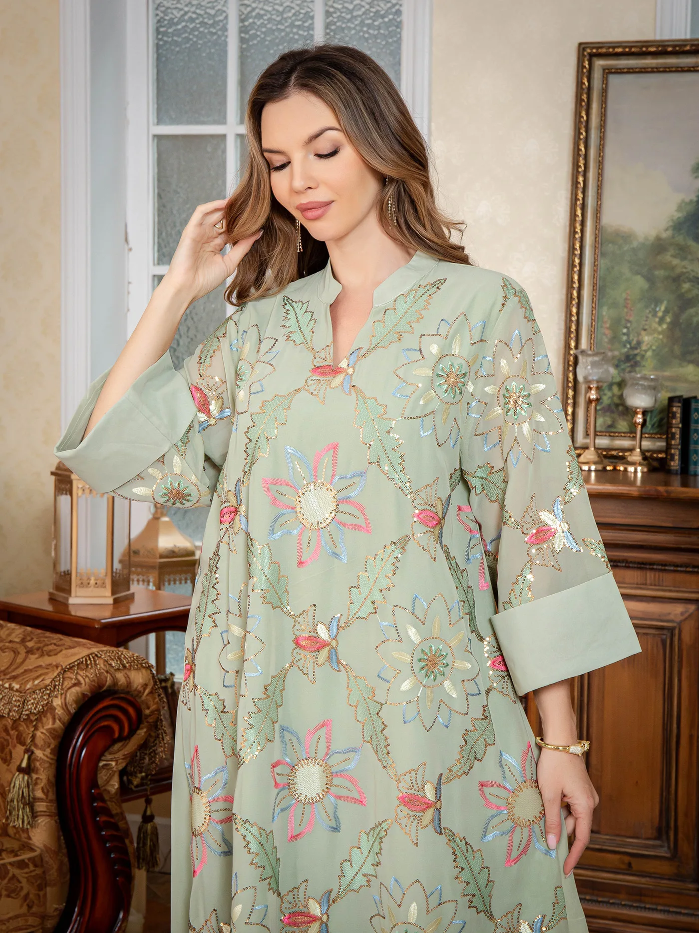 2025 Women's Casual Trendy Embroideried Loose Basic Elegant Sequined Dresses Female Abaya Clothes Middle East Muslim New Fashion
