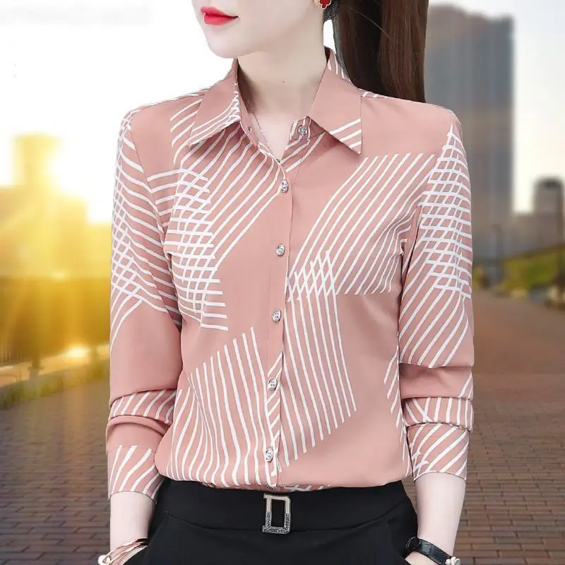 Simplicity Office Lady Spring Women\'s POLO Collar Geometric Striped Satin Face Single Breasted Fashion Long Sleeve Shirts Tops