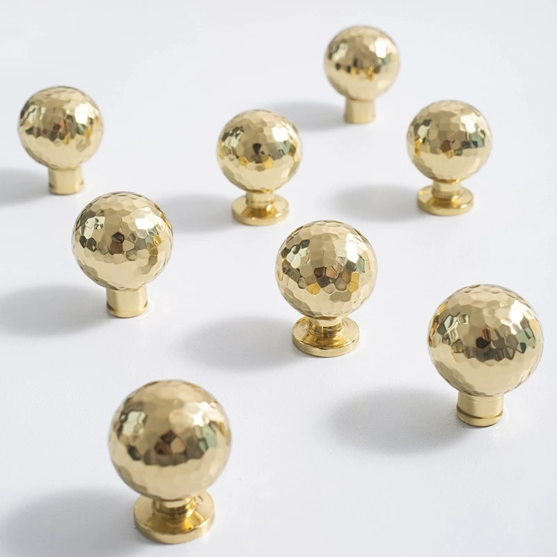 Furniture Bedroom Kitchen Handmade Hammer Pattern Solid Brass Wardrobe Door Handle Round Ball Golden Long Handles Small Knobs