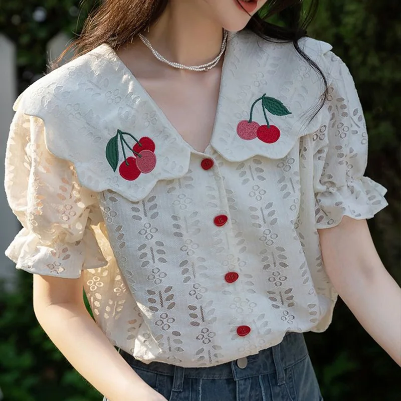 French Style Sweet Super Fairy Lace Doll Shirt for Women's Summer New Short Sleeve Doll Neck Cherry Embroidered Trendy Shirt Top