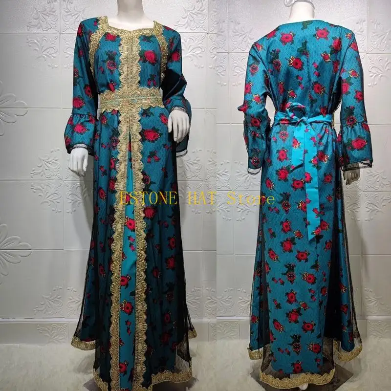 49MF ผู้หญิง Ramadan อาหรับดูไบชาติพันธุ์ Maxi ชุดเย็บปักถักร้อยลูกไม้แขนยาวมุสลิม Kaftan พิมพ์ลายดอกไม้ตาข่าย Belted Robe Gown