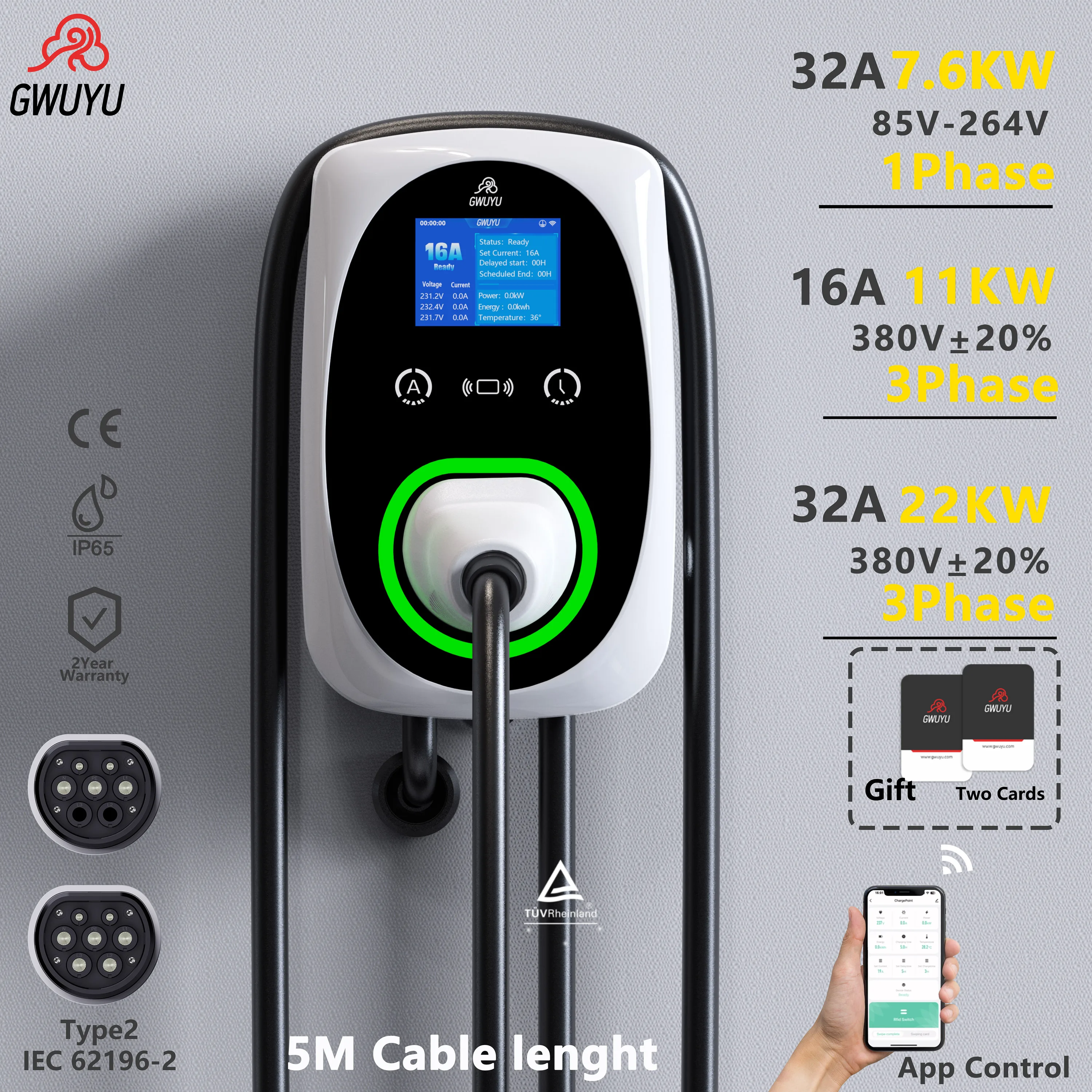 GWUYU EV Charger 32A 7.6KW EVSE Wallbox 11KW 22KW 3Phase Type2 Cable IEC62196-2 Socket APP Control Electric Vehicle Car Charger