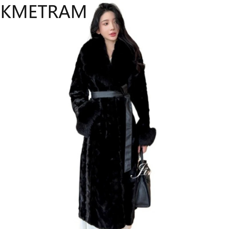 معاطف فرو المنك 100% من KMETRAM معطف نسائي فاخر أسود طويل من فرو المنك الحقيقي مع ياقة من فرو الثعلب 2025 ملابس شتويةшуба vrouwska