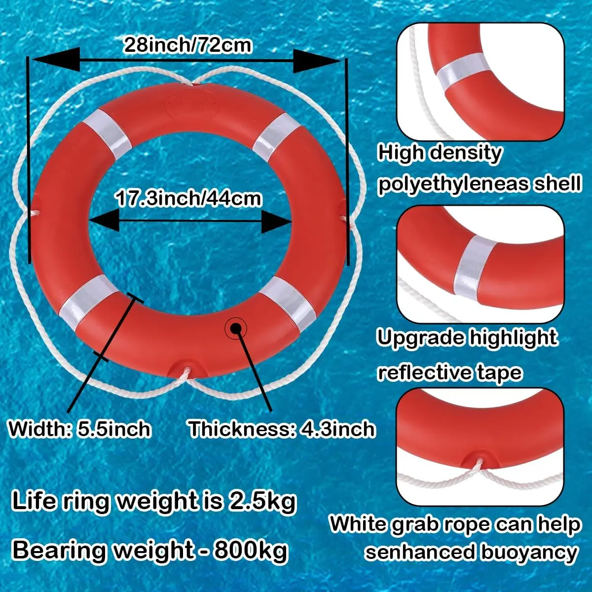 Throwable Flotation Device with 98.4-Foot Rescue Rope, Marine Grade Life Ring Buoy for Boat, Dock, Pool, Lake Emergency Rescue - Outdoor Professional Safety Throw Ring Kit