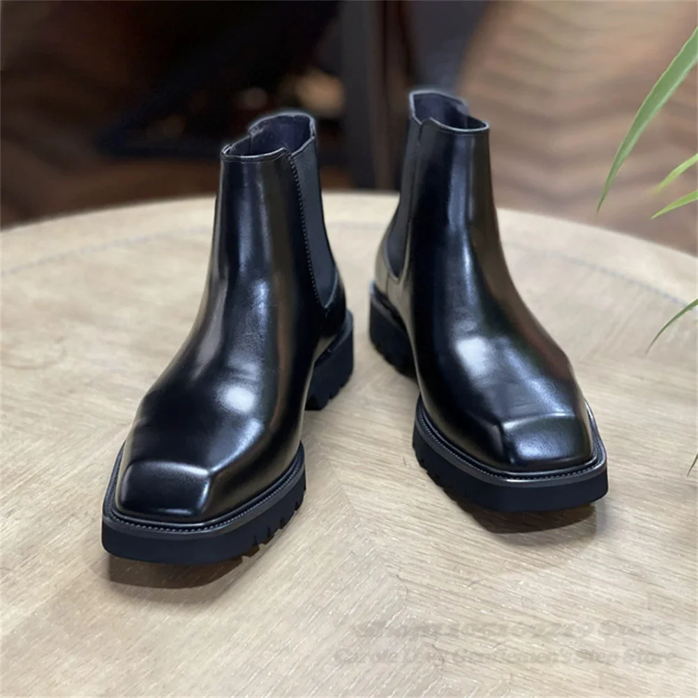 

2025 New Autumn Winter Chelsea Boots Men Genuine Leather Short Boots Small Square Toe High Top Business Dress Men Leather Boots