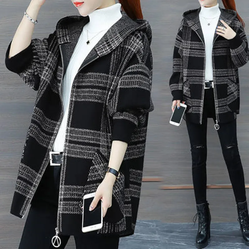 plus Size Women's Plaid Fce Lined Thiened Autumn Winter Coat Loose Open Cardigan Korean Sle Commute Wind Long Sve