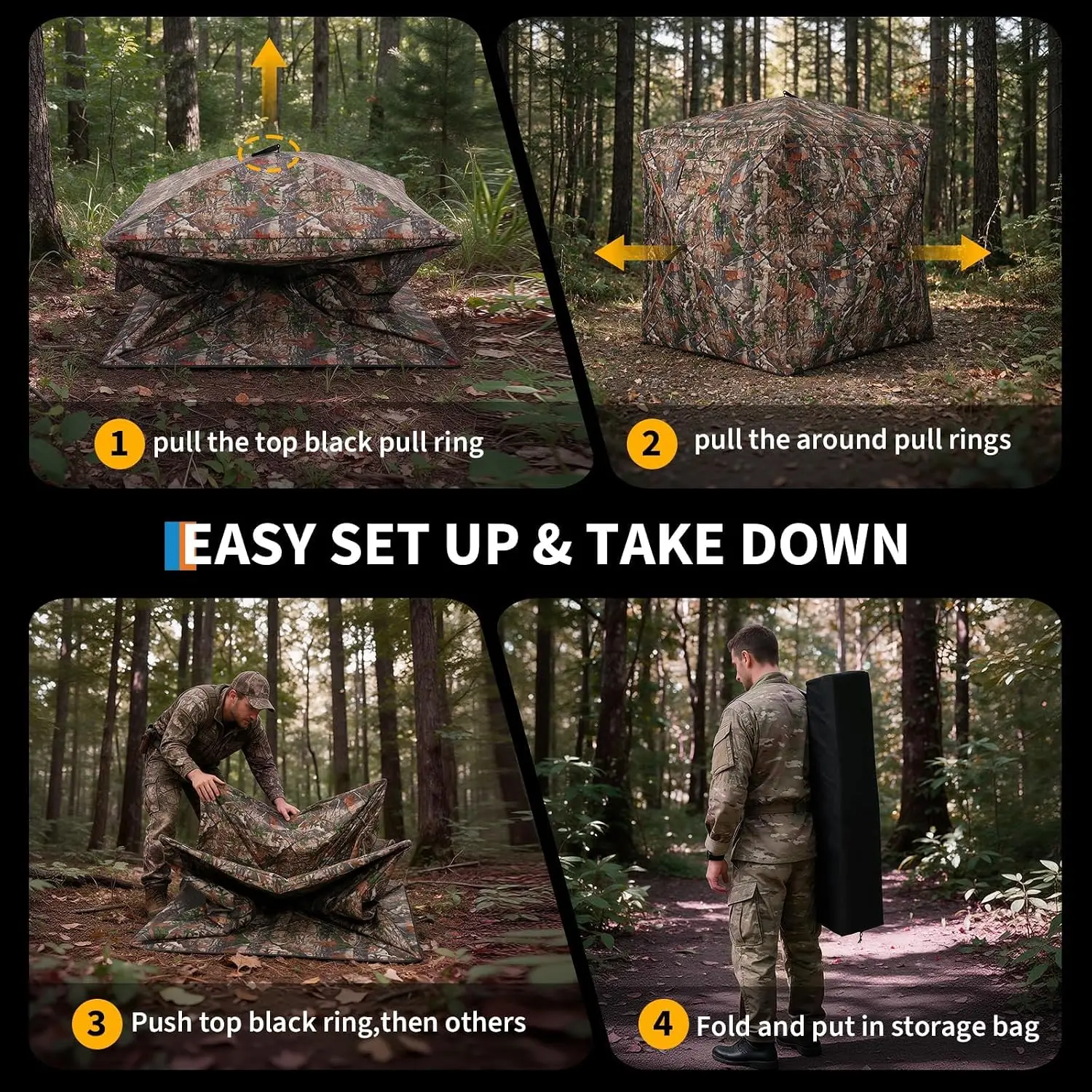 360° See Through Hunting Blind Pop Up Ground Blind W/Carry Bag Silent Sliding Windows Large Diamond Door Windproof Bottom Portable Carry Bag, Camo Concealed Shelter for Deer Turkey