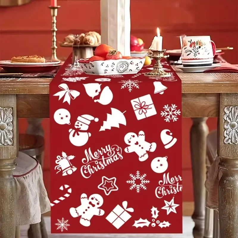 Festlicher roter Weihnachts-Tischläufer – verschiedene weiße Weihnachtssymbole drucken |   Ideale Weihnachtsdekoration und Weihnachtsgeschenk