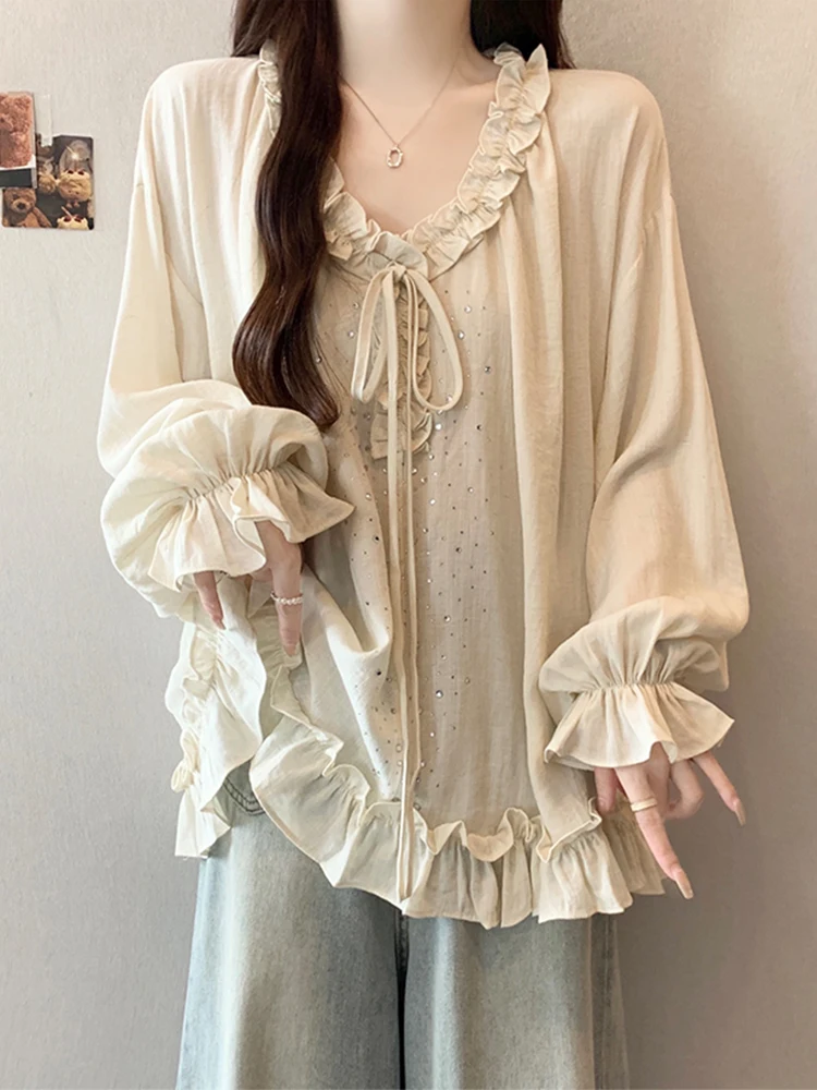 

Fashion Design Blouses V Neck Flare Sleeve Solid Color Ruffles Patchwork Shirts Oversized Loose Tops All Match Women's Clothing