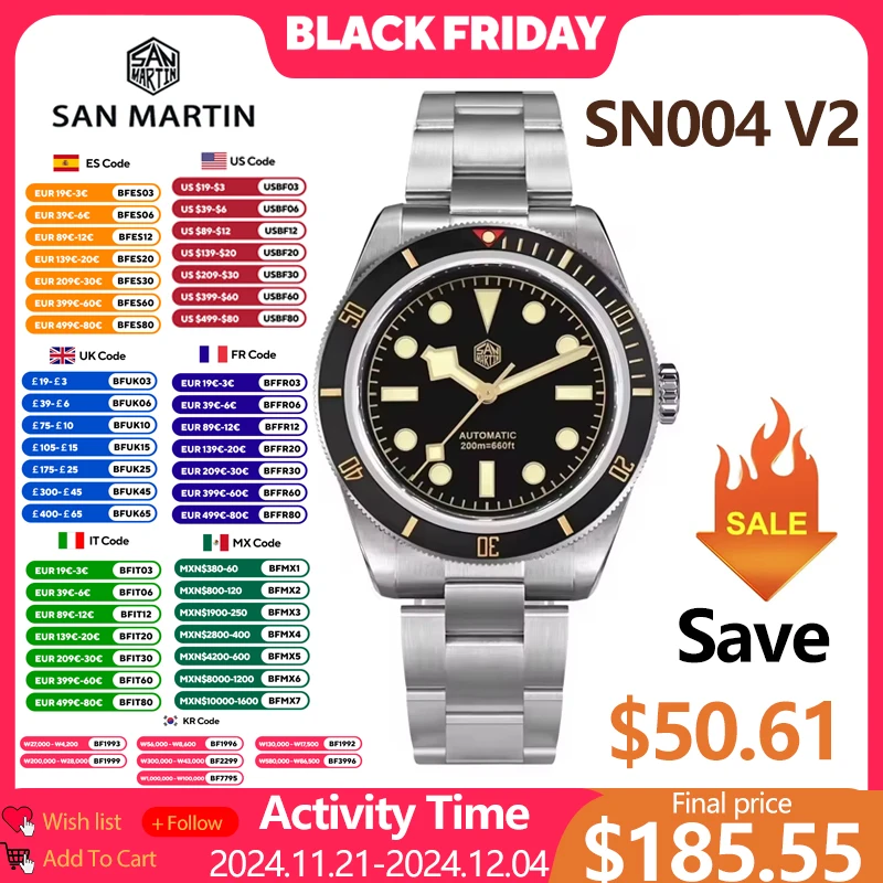 San Martin Upgraded V2 BB58 6200 Limited Edition Watch 120 Clicks Matte Bezel NH35 Automatic Mechanical Wristwatches Sapphire