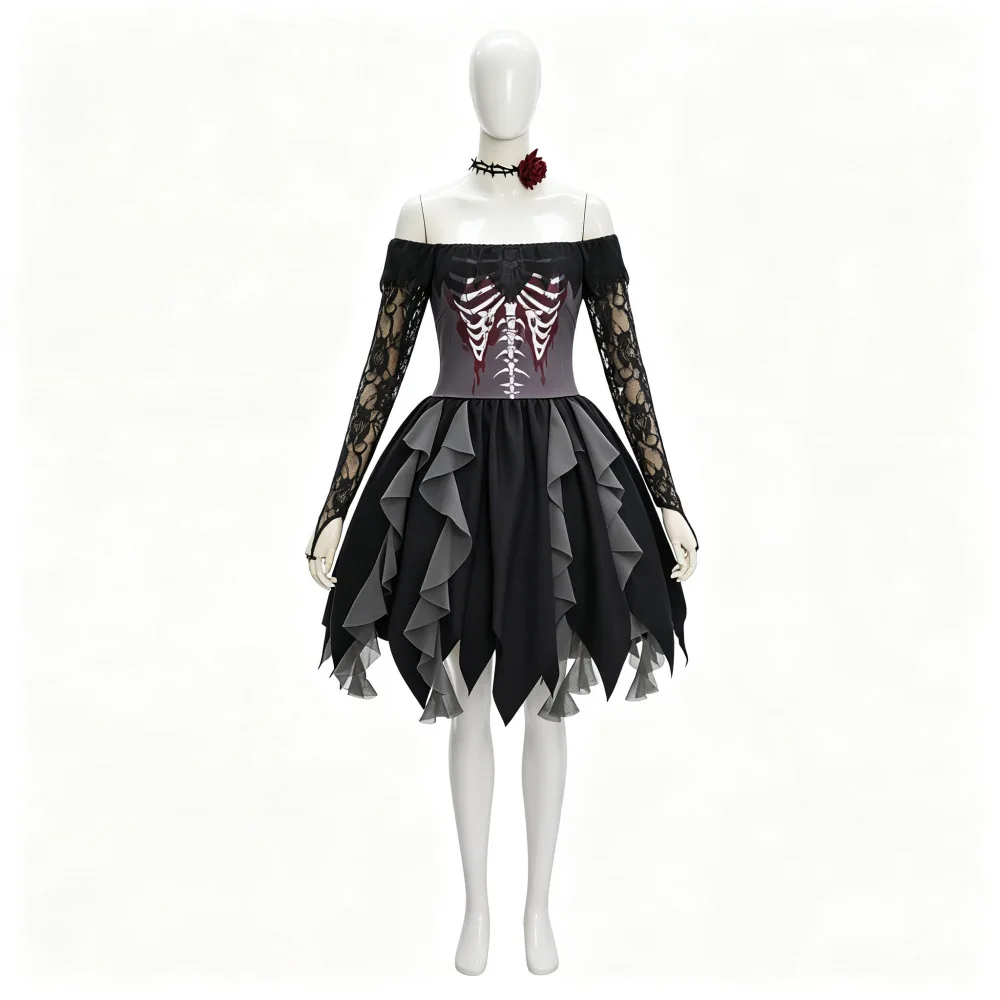 AniLV 2026 Halloween Ghost Bride Skeleton Veil Dress Uniform Outfit Cosplay Costume - view 3