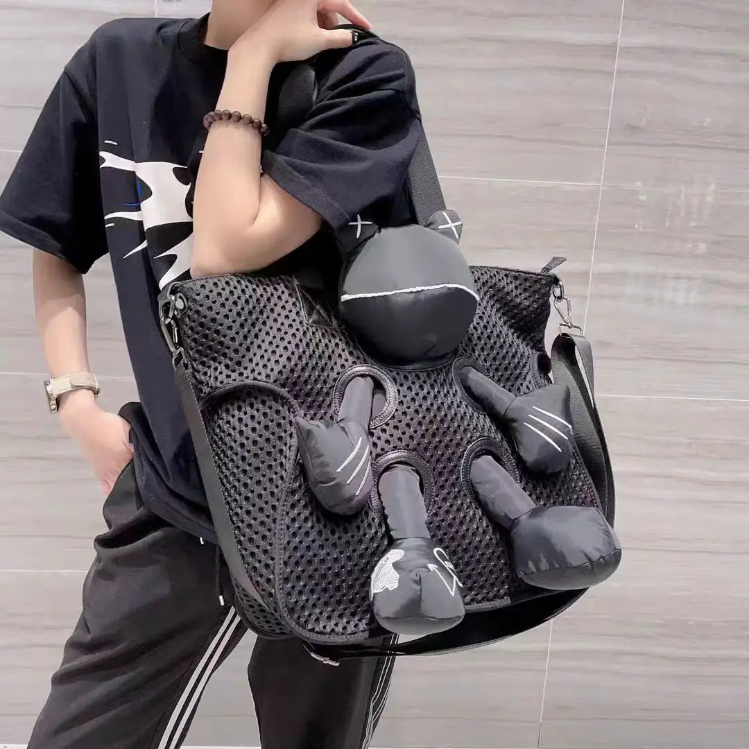 Casual shoulder bag new mesh frog doll tote bags with real leather  large capacity handbag crossbody commuter travel female bag