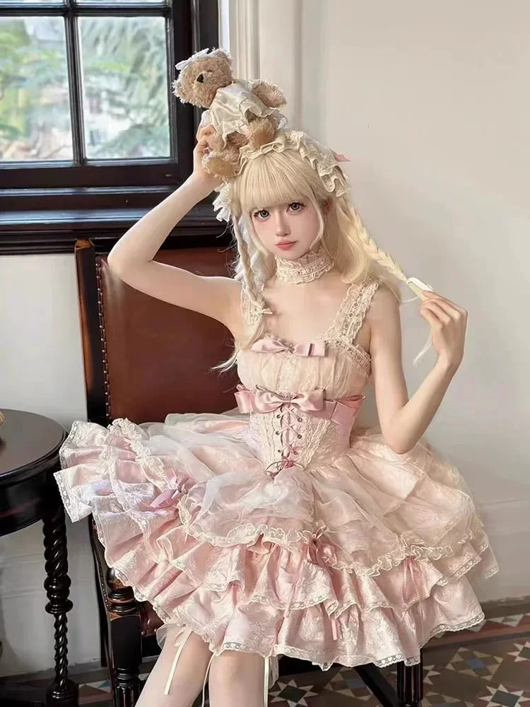

Sweet Lolita Jsk Dresses Kawaii Women Vintage Elegant Lace Bowknot Princess Strap Dress Harajuku Y2k Clothes Hot Sellin