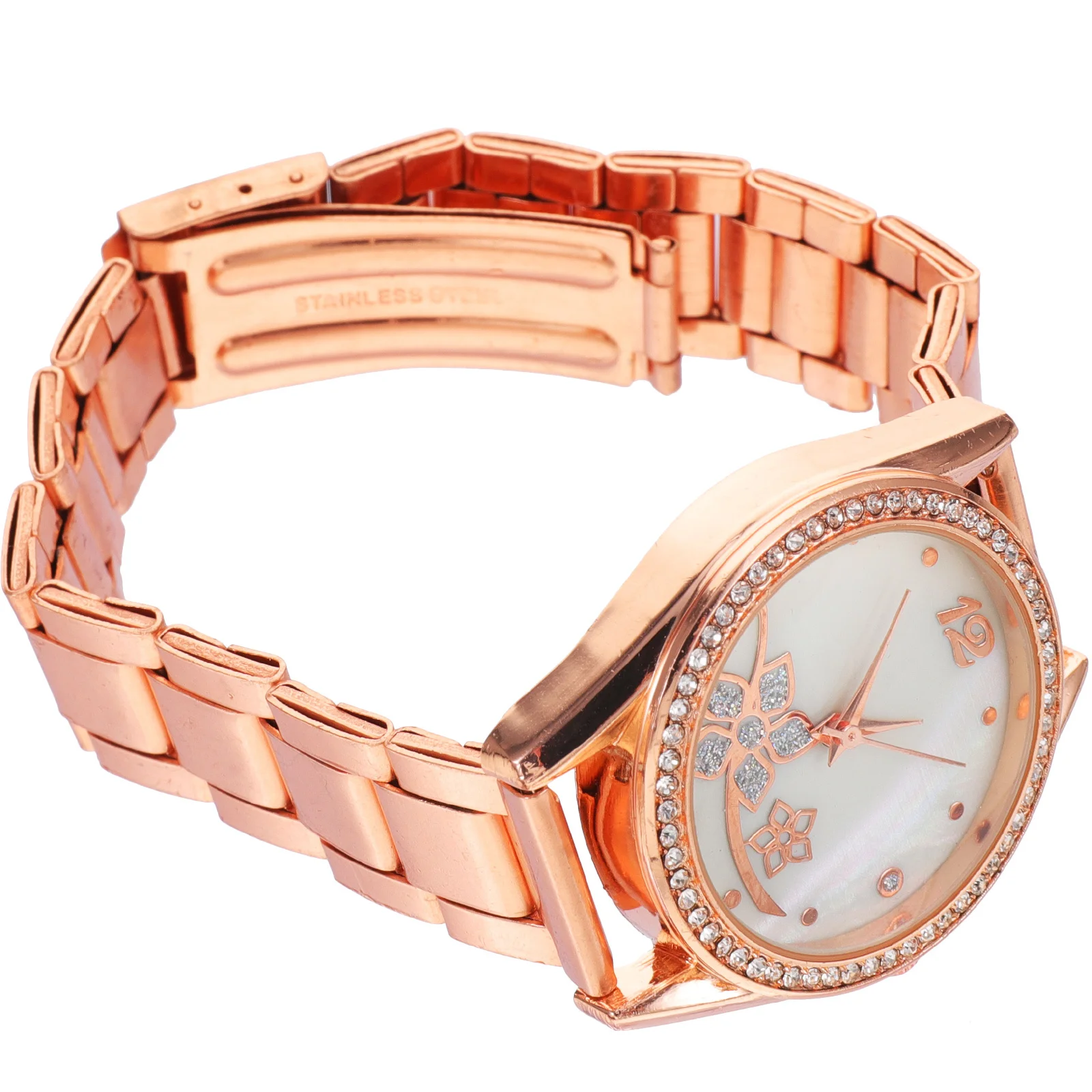 ساعة حجر الراين على شكل زهرة لساعة اليد بحزام معدني مع شريط مسامي ومينا شفافة وإبزيم معدني هدية للطلاب #6