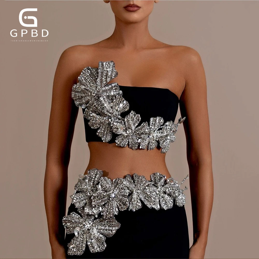  2025 New Women'S Black Sexy Strapless Shiny Diamond Flower Two-Piece Short Top+Long Skirt Tight Party Bandage Set