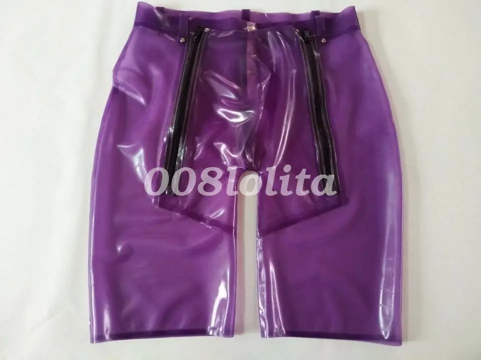 100% short sexy en caoutchouc latex slips trois fermeture éclair violet 0.4mm taille S-XXL