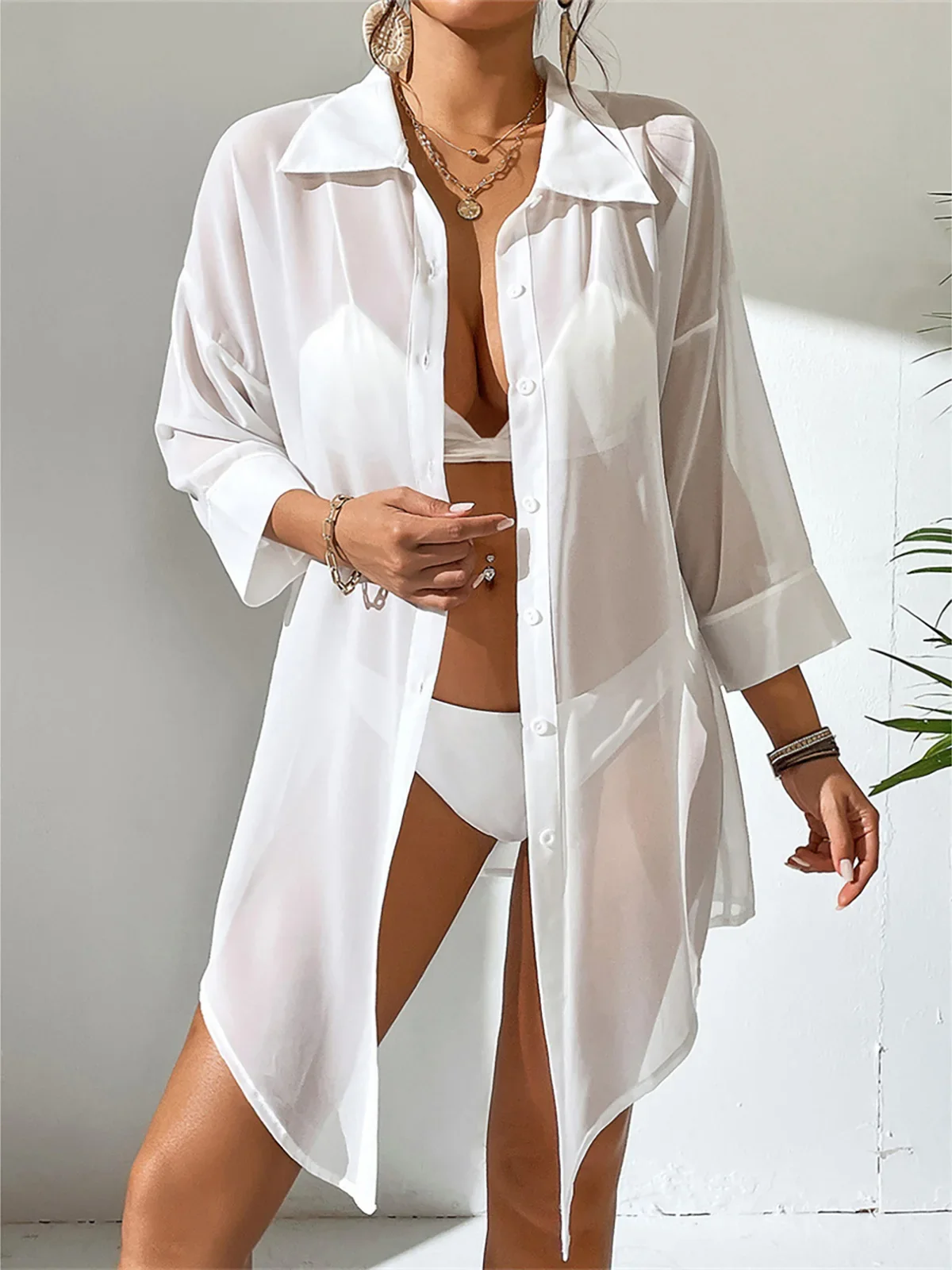 New Summer White Shirt Long Sleeve Top Blouse Tunic Beach Cover Up Cover-ups Beach Dress Beach Wear Beachwear Female Women K4777