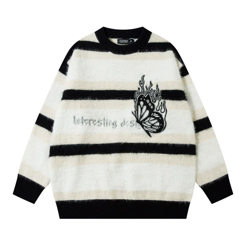 2025 NIEUWE Hip Hop Trui Unisex High Street Vlinder Geborduurde Gebreide Trui Mannen Vrouwen Losse Truien Y2K