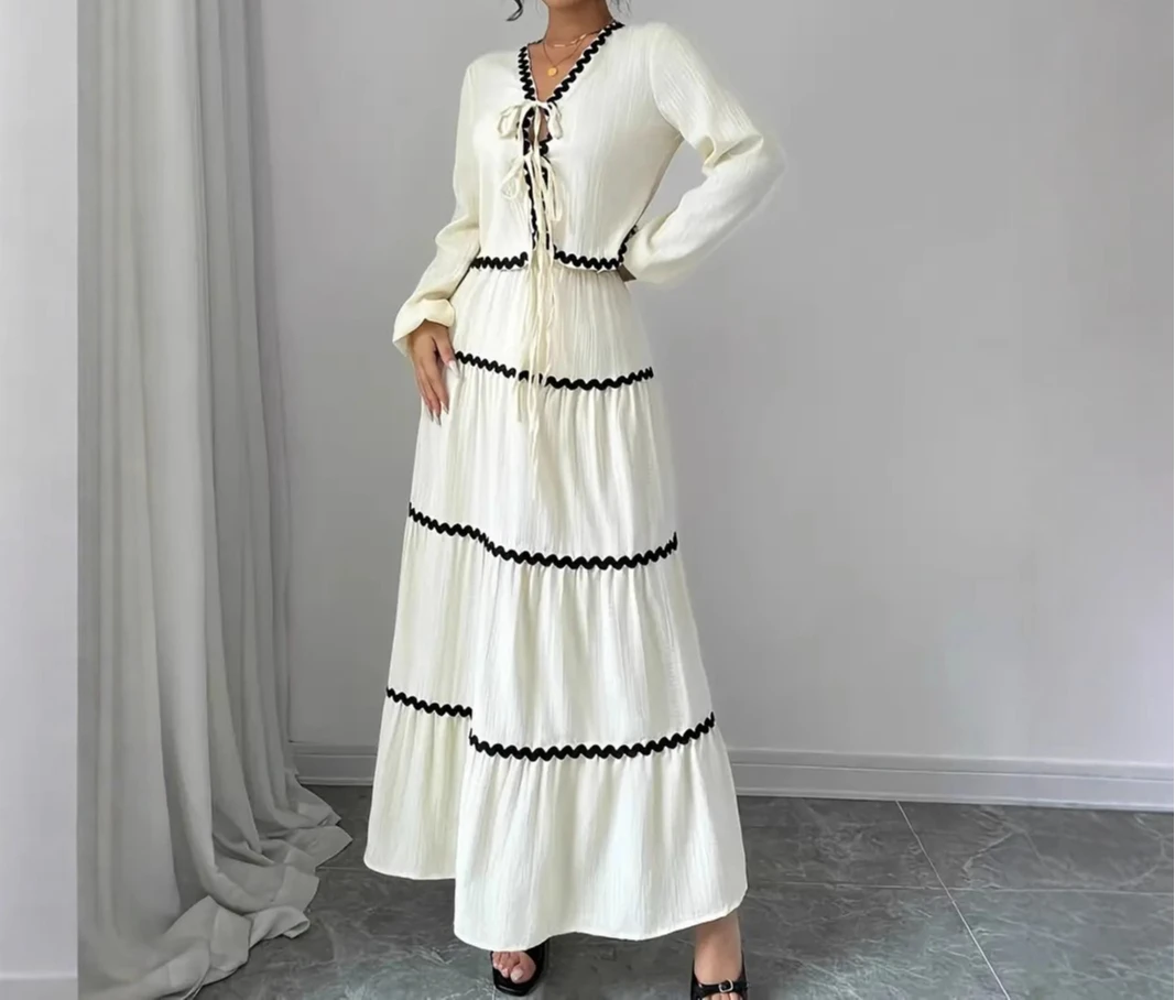 2025 Set camicia e gonna con fiocco con maniche a lanterna piegate a strati di pizzo estivo per donna