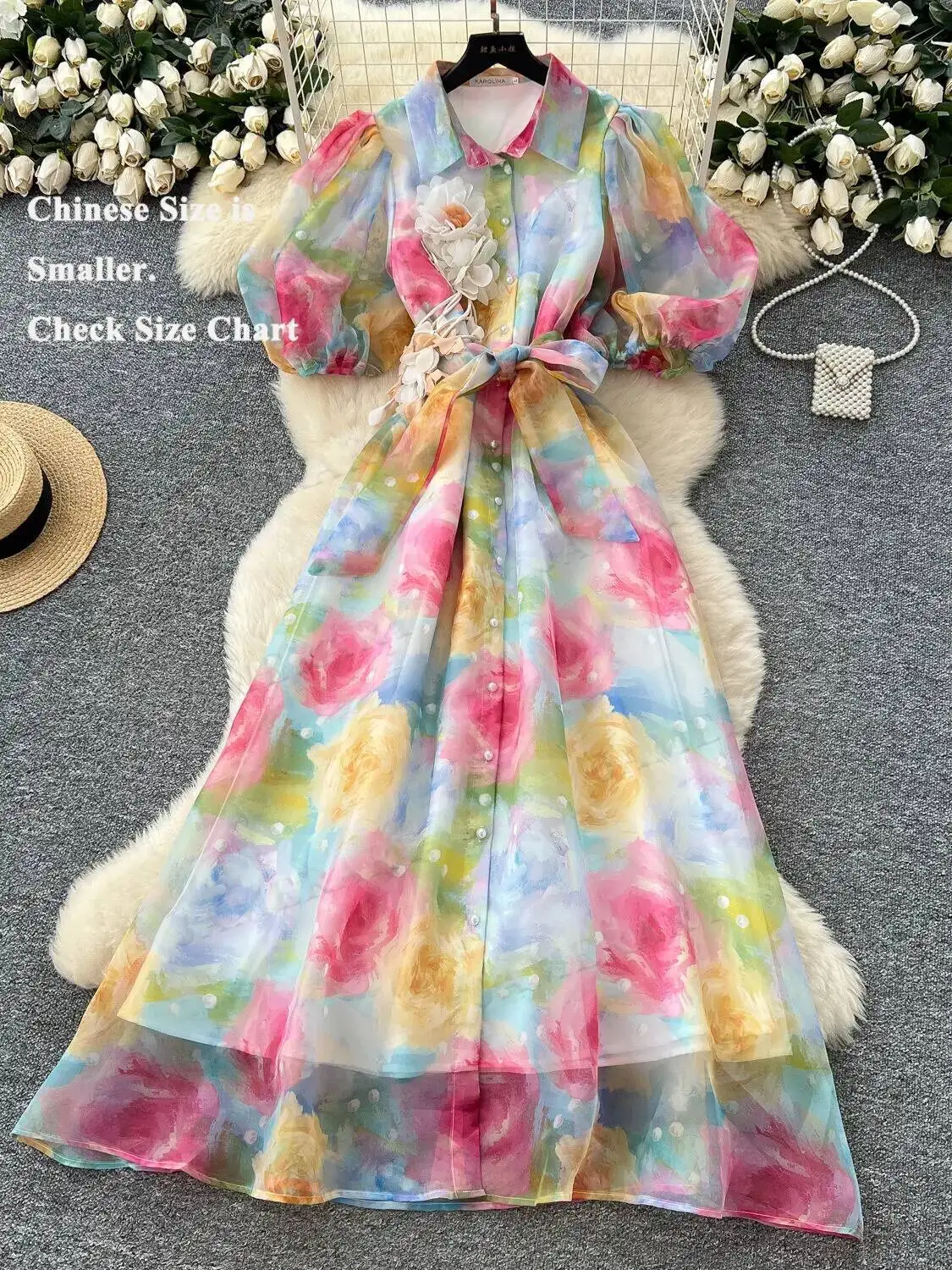 Abito lungo floreale in tulle di organza estivo da donna manica corta rosa fiore 3D monopetto ampio taglia grande una linea maxi abiti camicia