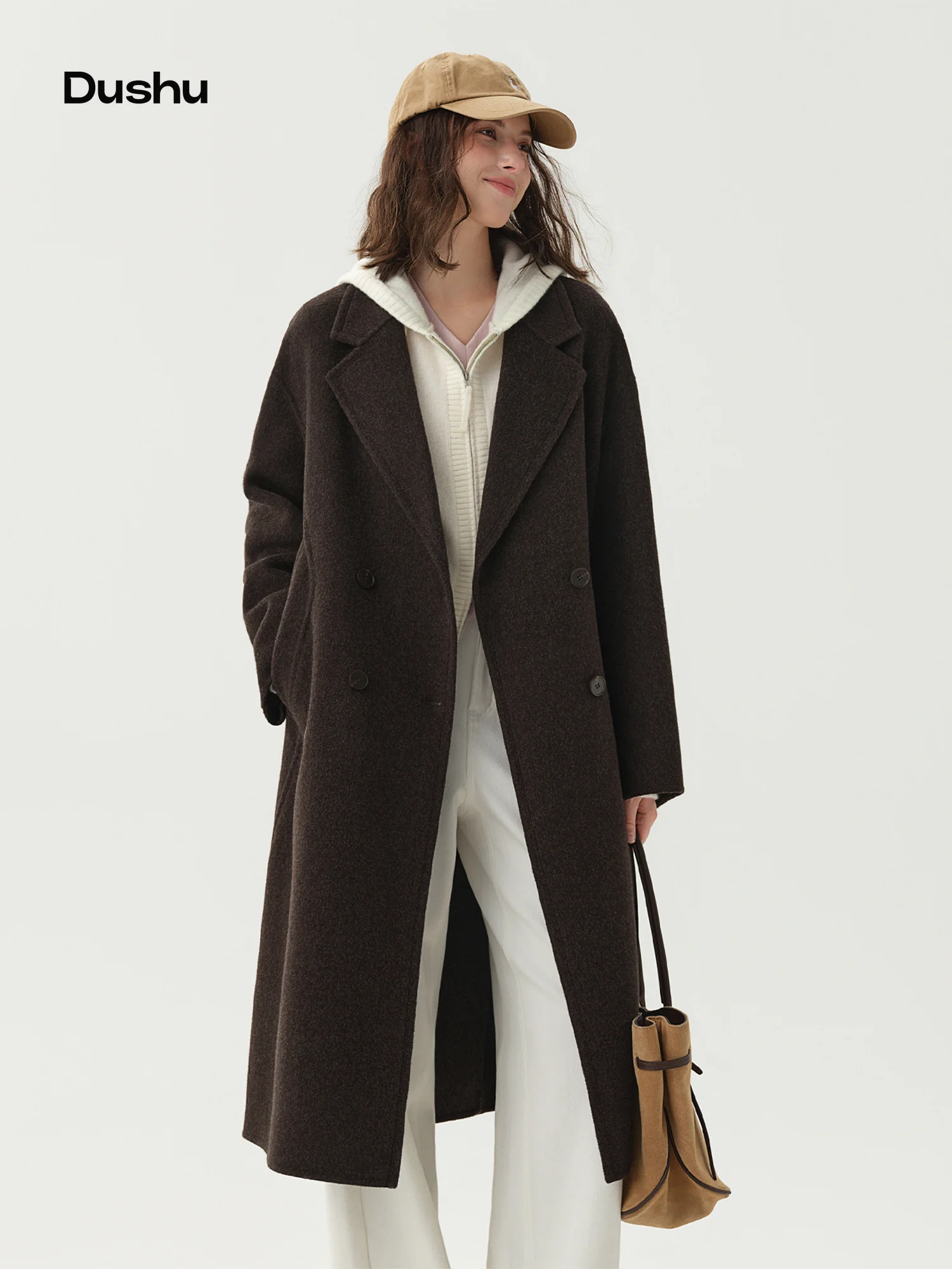 DUSHU Winter Women Lyocell Cashmere Lapel Double-faced Wool Long Coat Fashion Ladies Long Woolen Trench Outerwear New Arrival