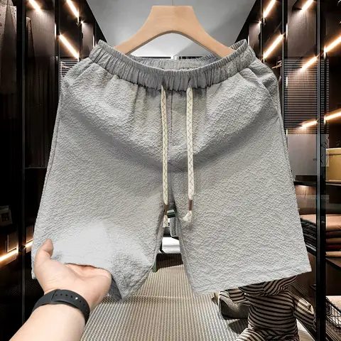 M-5XL 여름 남성 반바지 그리드 버블 코튼 질감 패브릭 쿼터 길이 바지 빠른 건조 스포츠 및 레저 반바지
