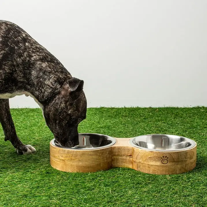 

GF Pet Figure 8 Feeder Dog Bowl Mango Wood Elevated Removable Stainless Steel Insert for Small Medium Large Dogs, L