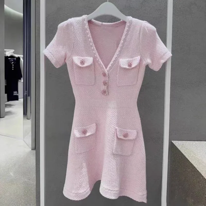 

Women Knit Short Sleeve Pink Dress for Women Vintage V-neck Four Pocket Loose Dresses Diamonds Button Mini Vestidos