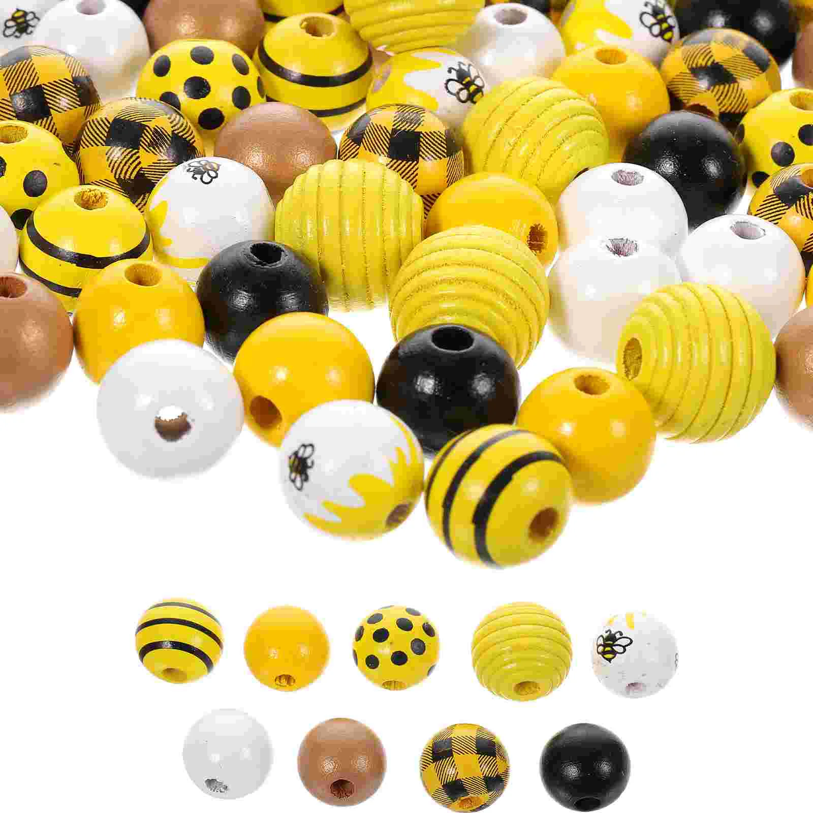 72 Pcs Bee Beading Wood Loose Beads DIY Craft Wooden for Crafts Jewelry Tray Decor