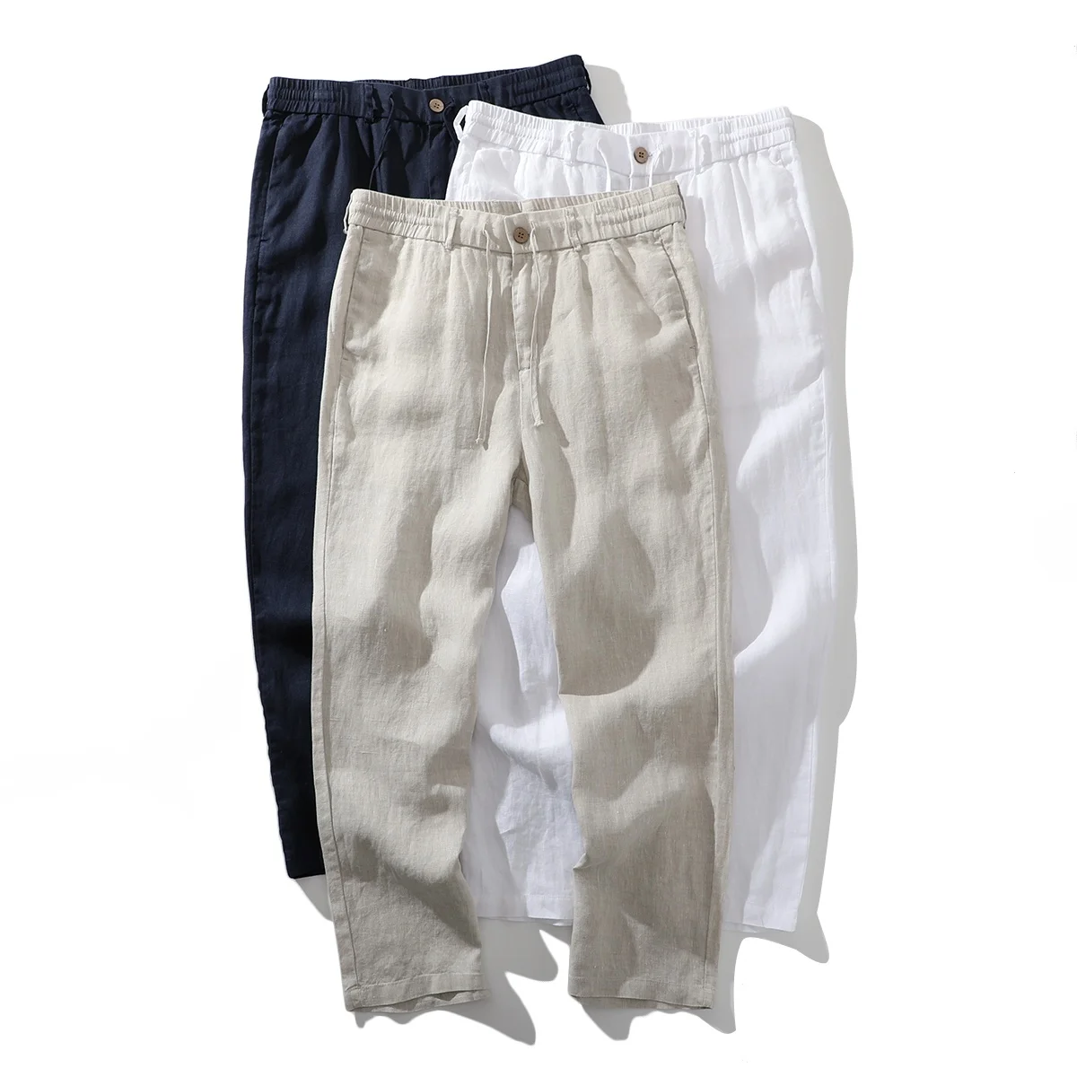 

Льняные мужские летние брюки, свободные брюки с эластичной резинкой на талии, тонкие дышащие повседневные прямые брюки, модные городские брюки