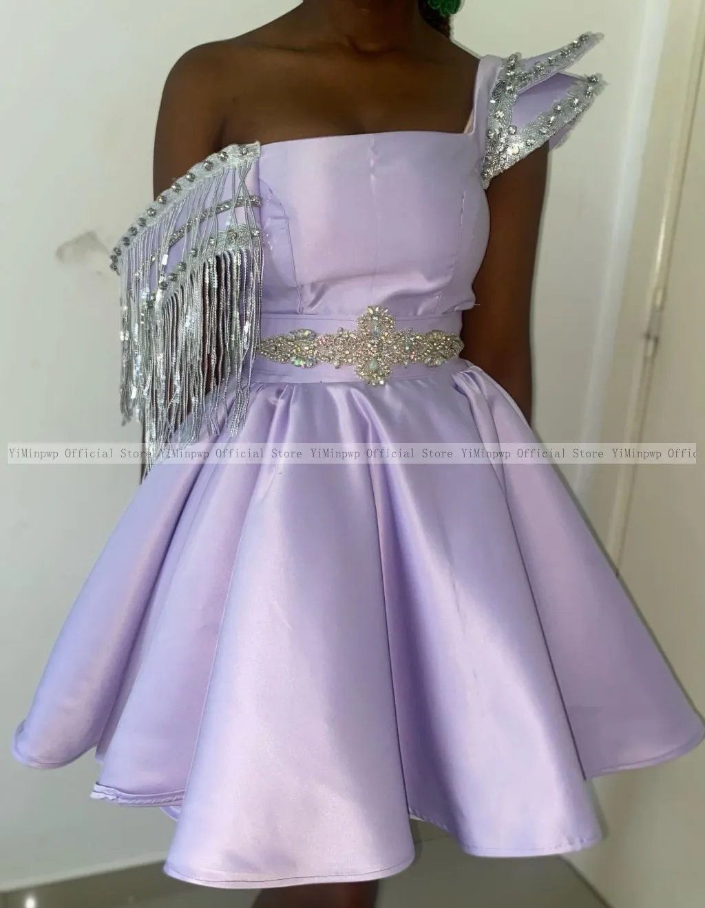 Lavender Short Prom Dresses for Black Girls One Shoulder A Line Mini Tassel Beaded Birthday Party Homecoming Dress Customized