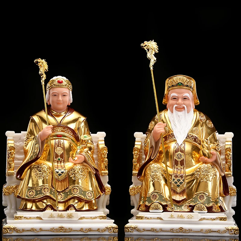 

A pair 2p Asia Temple Worship HOME efficacious bring wealth luck " TUDI GONG PO God FU DE ZHENGSHEN " jade buddha gilding statue