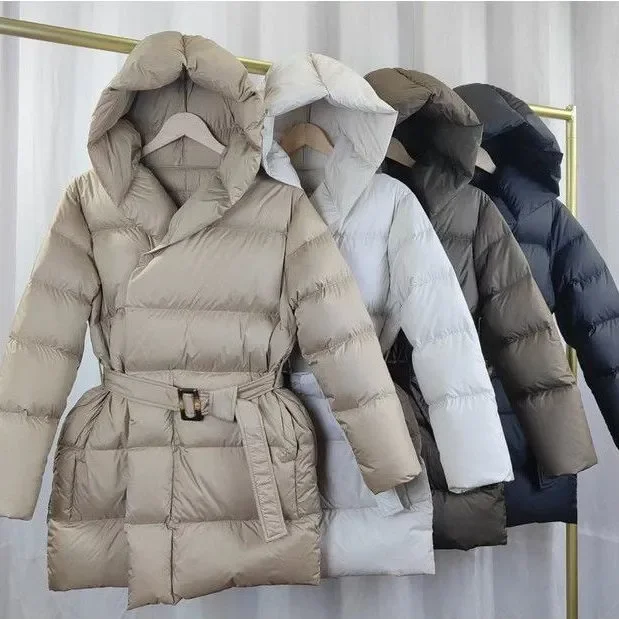 New Winter Women Warm Puffer Jacket Female Hooded Down Coat Snow Cotton Padded Coat Female With Belt Slim Waterproof Outwear