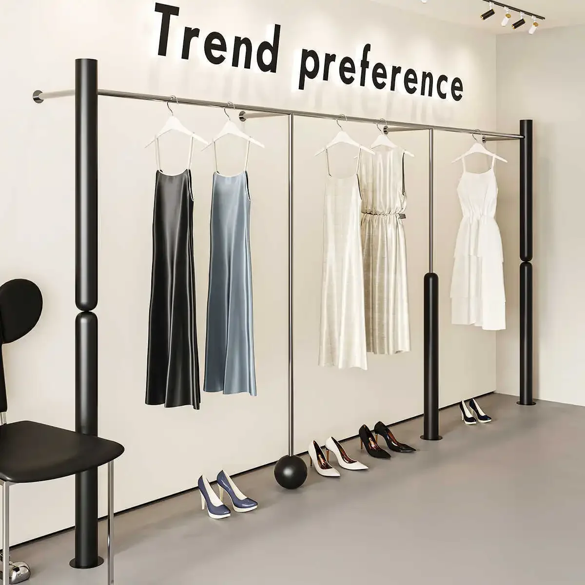New clothing store black paint with stainless steel brushed men's and women's wall hanging shelves, clothes rod display racks