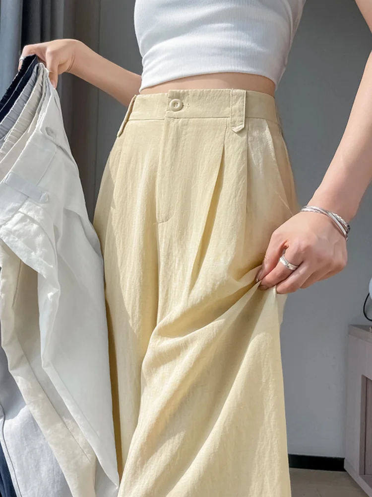 

Light Yellow Ice Silk Wide Leg Pants High Waist Drapey Thin Spring Summer New Arrival Women's Suit Pants Commute Style