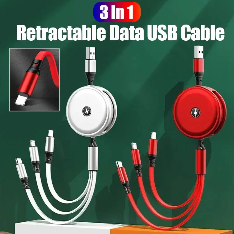 3 in 1 Retractable Charging Cable Multi Function for iPhone Type-C Micro USB Phone Tablet Fast Charging Multi Color Mini Use Pro